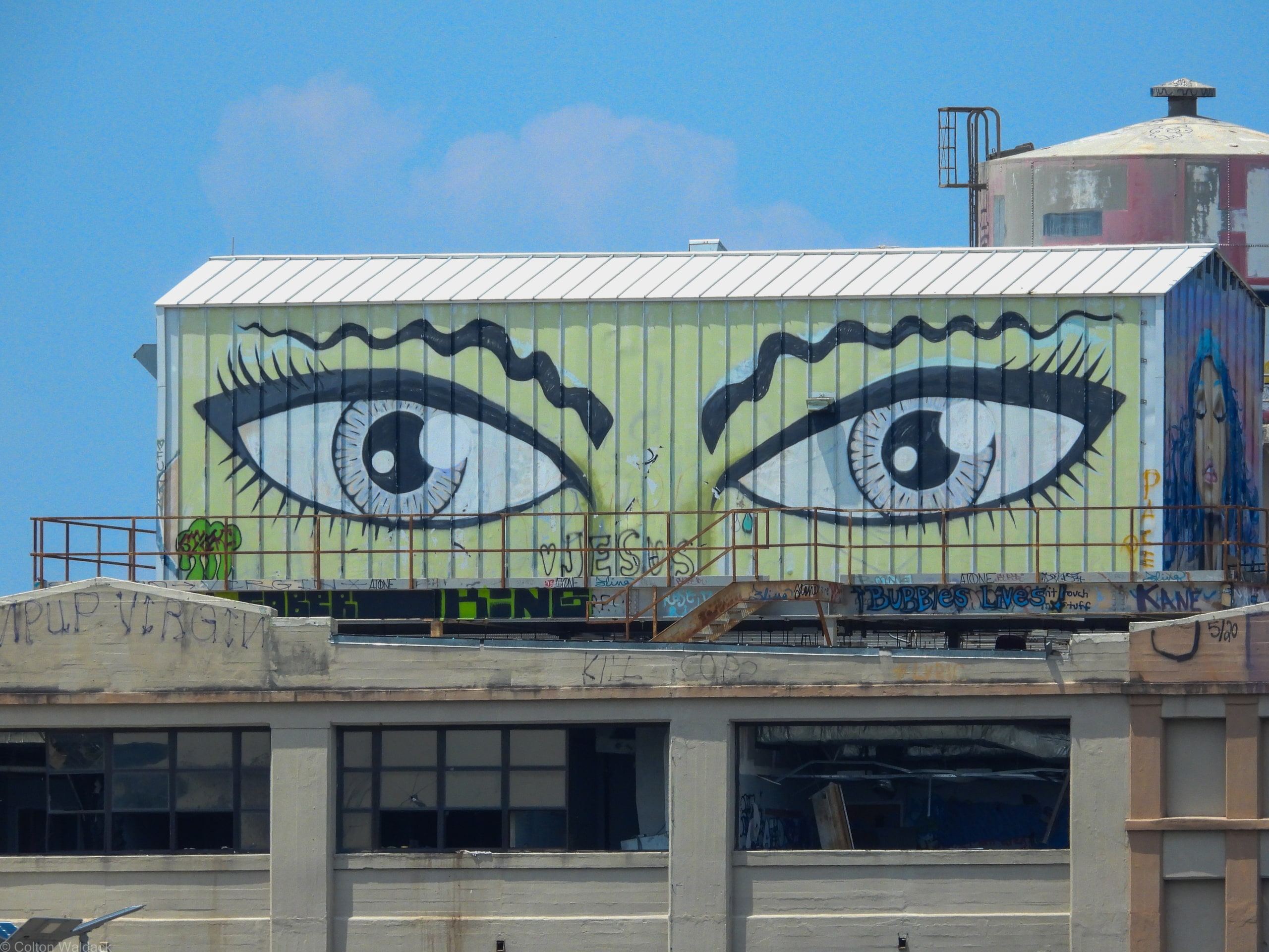 Giant painted eyes on the roof of a derelict riverside power plant