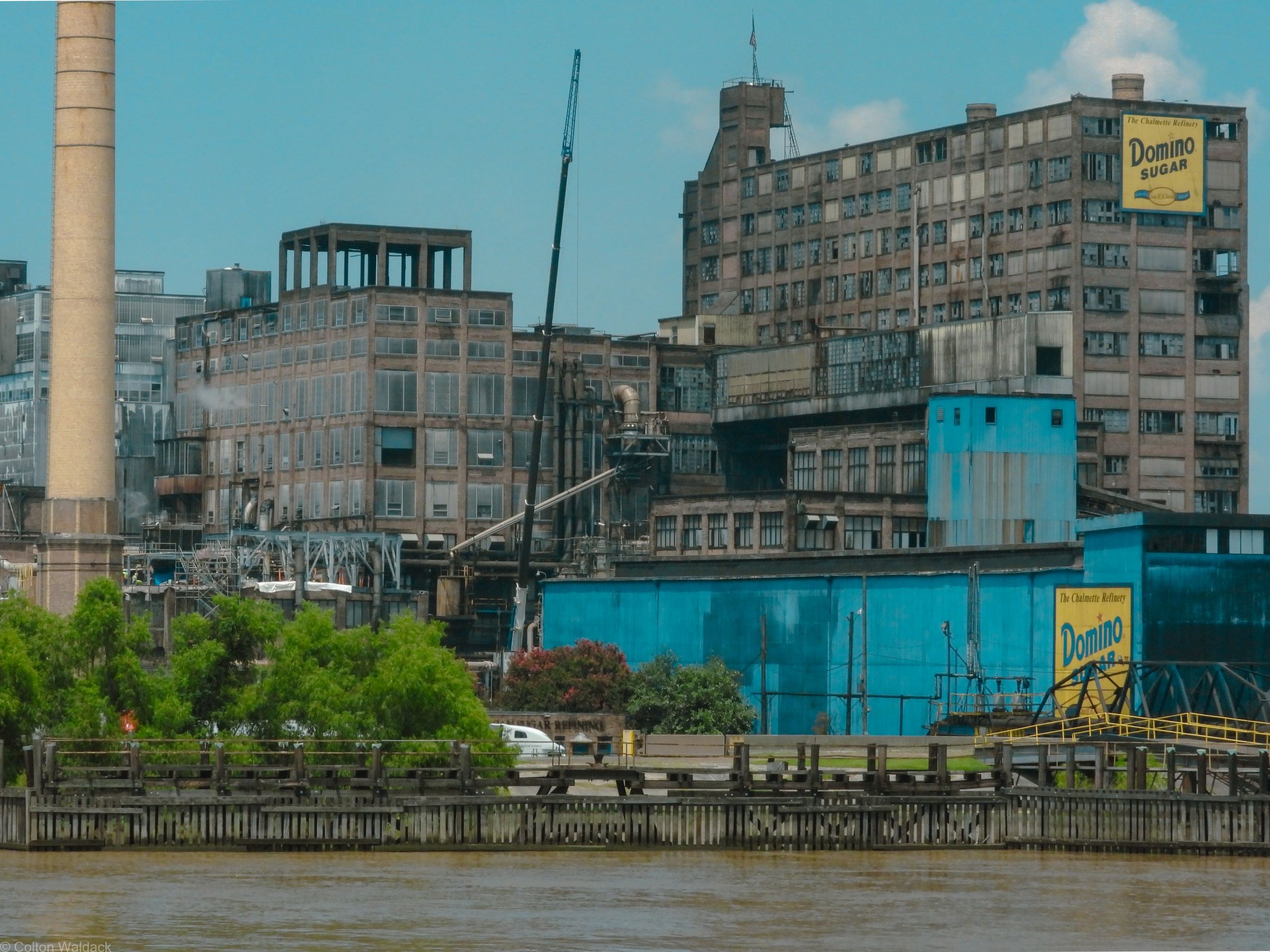 The sprawling Chalmette sugar refinery seen from the Mississippi River